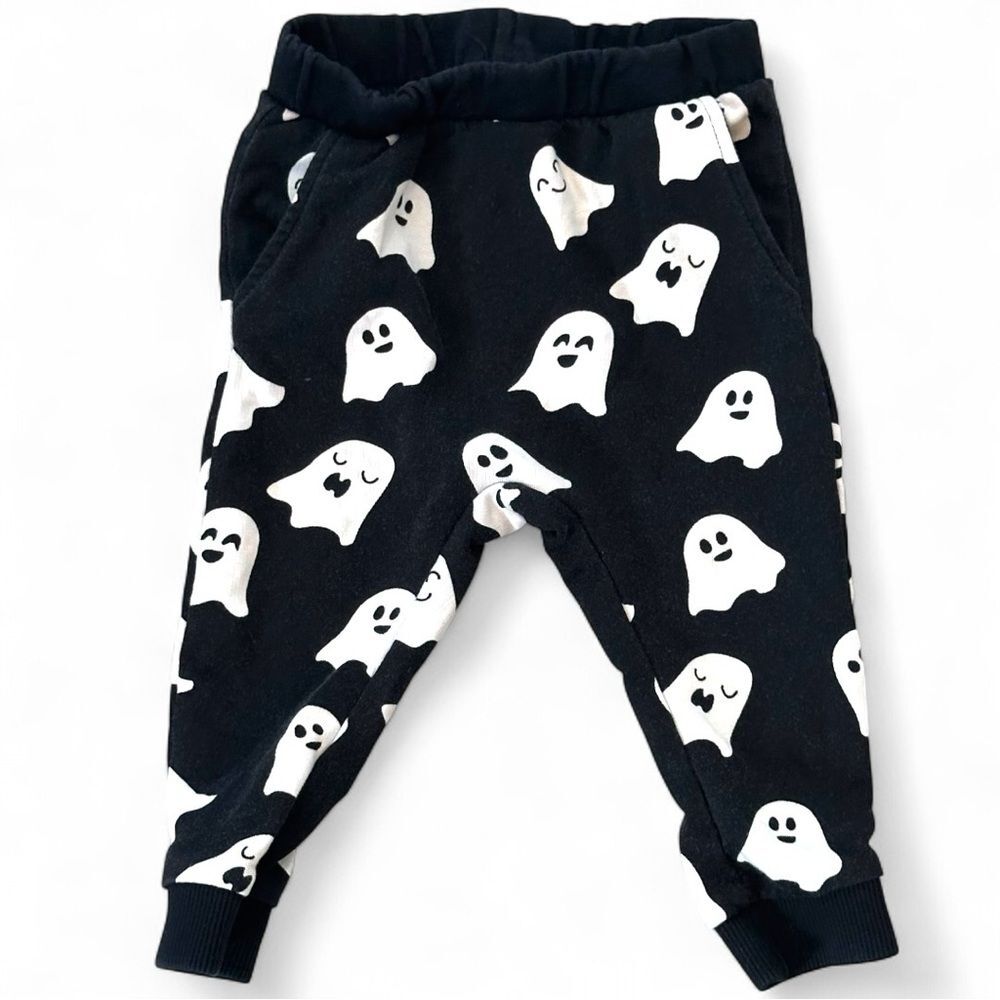 H&M Halloween Ghost Print Black Jogger Pants 9-12 Month 100% Cotton Spooky AOP